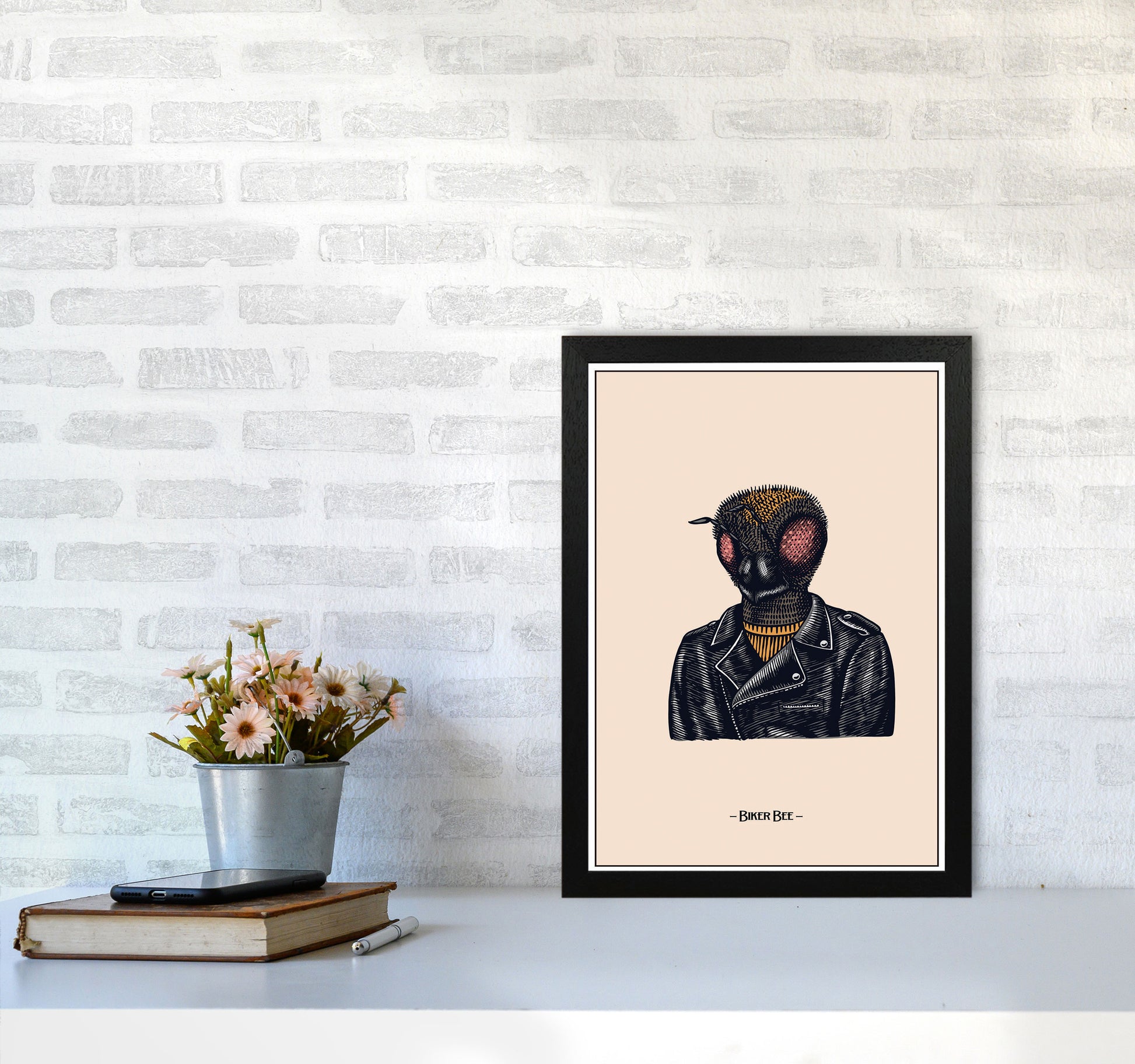 Biker Bee Art Print by Jason Stanley A3 White Frame