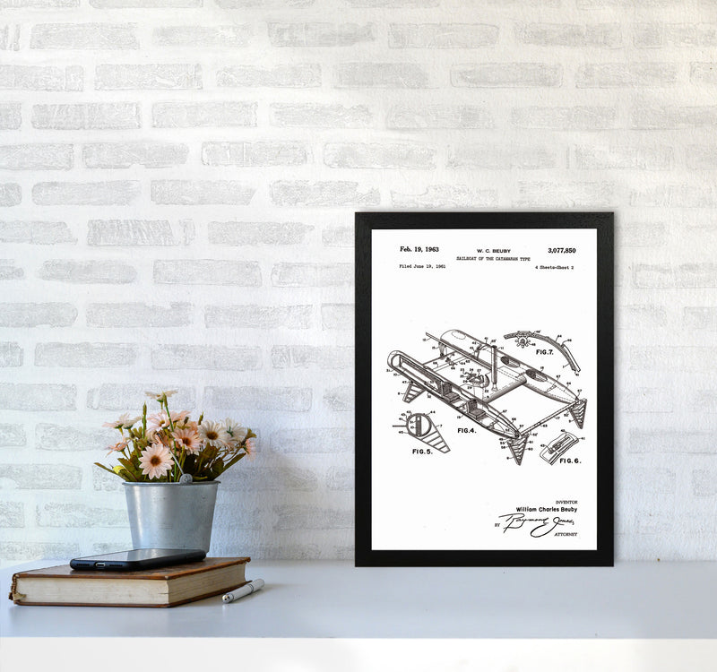 Catamaran Patent Art Print by Jason Stanley A3 White Frame