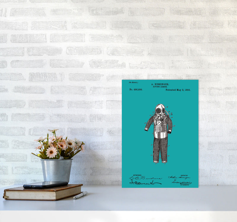 Diving Armor Patent Blue Art Print by Jason Stanley A3 Black Frame