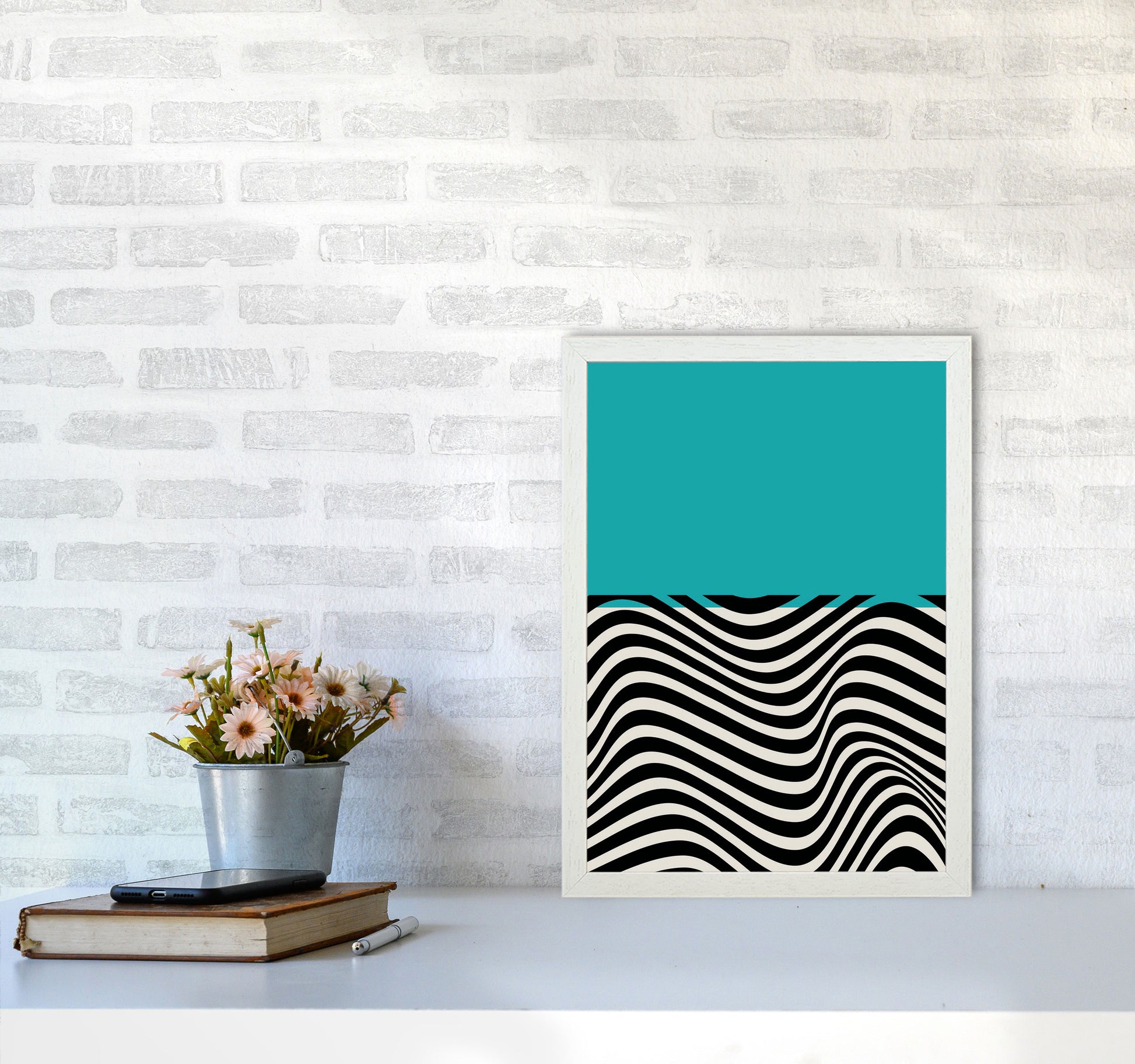 Minimal Abstract Blue Wave Art Print by Jason Stanley A3 Oak Frame