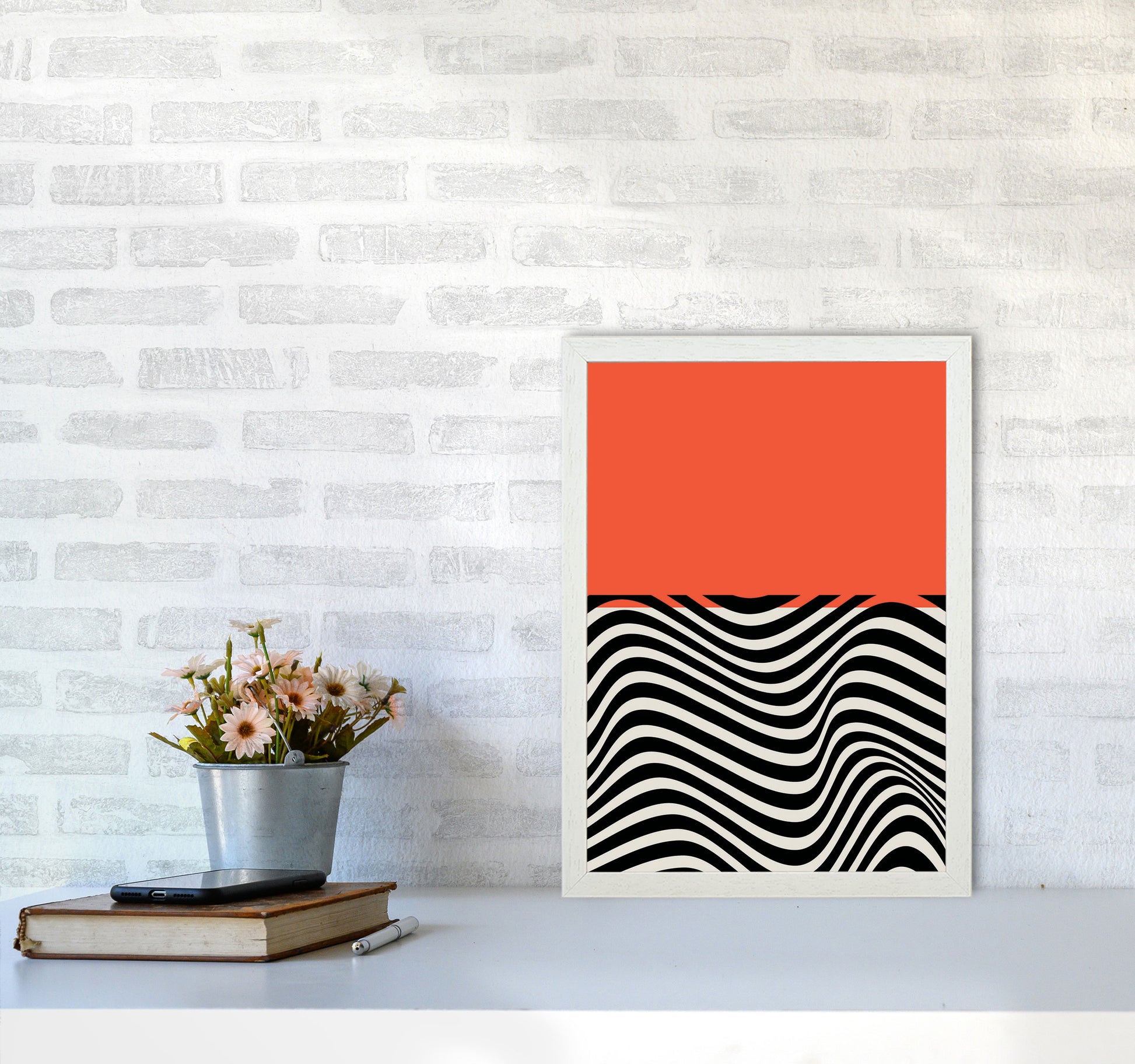 Minimal Abstract Red Wave Art Print by Jason Stanley A3 Oak Frame