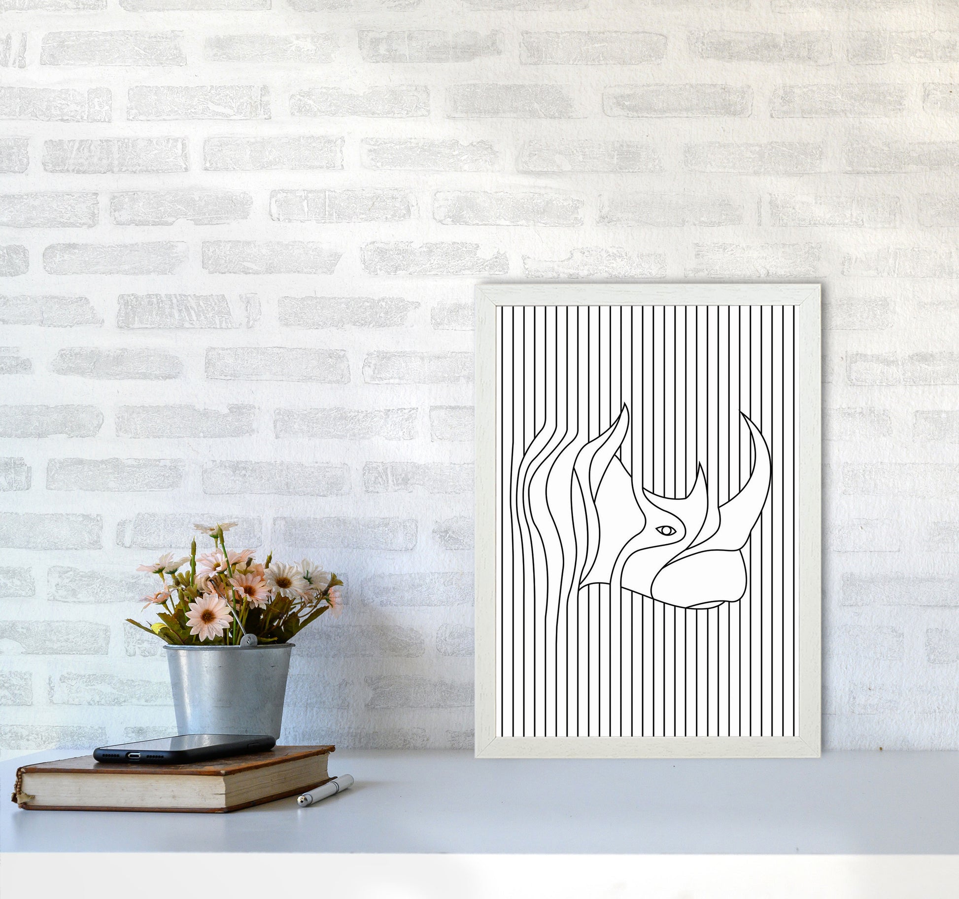 Line Drawing Rhino Art Print by Jason Stanley A3 Oak Frame