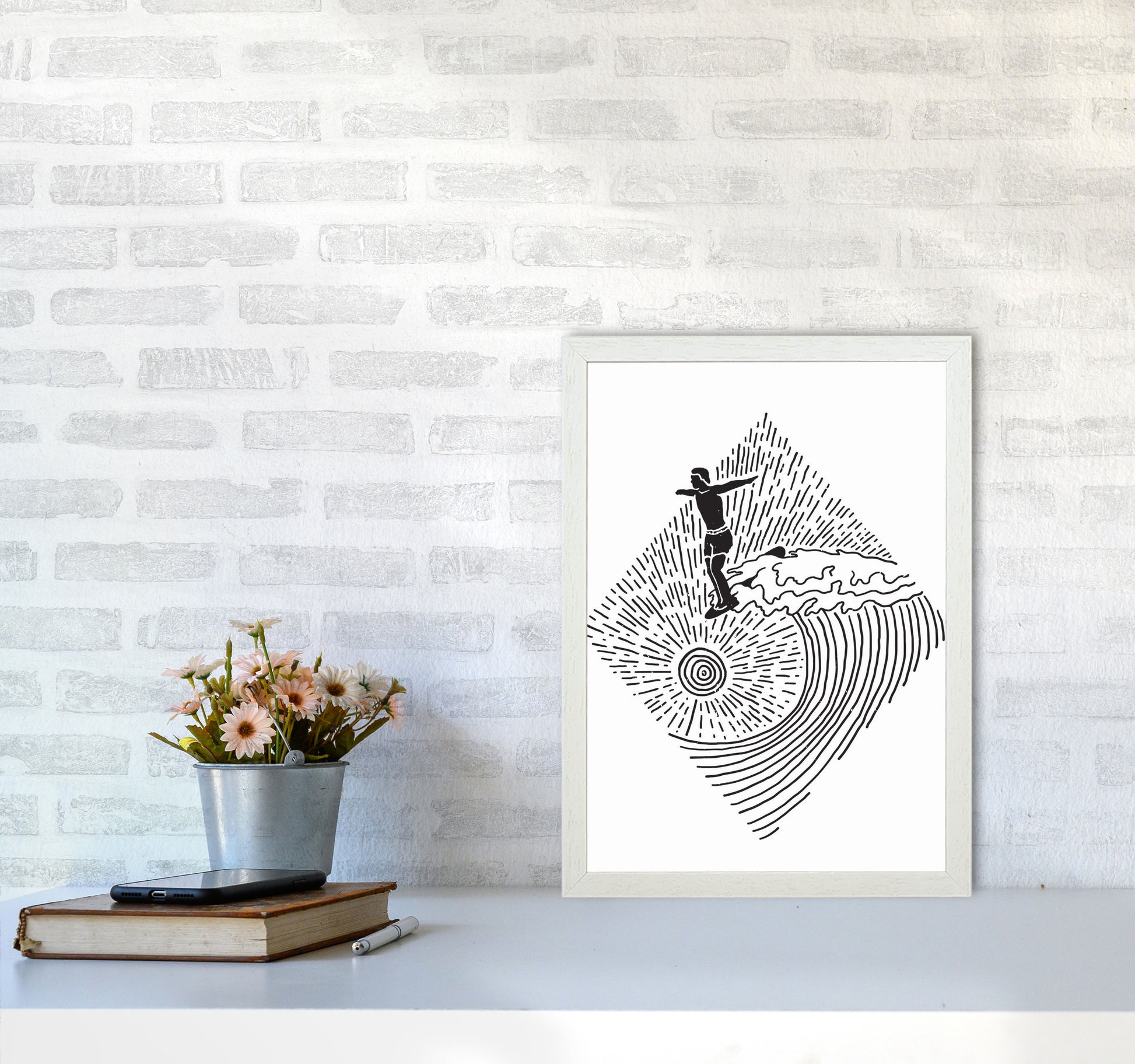 Surfer Line Drawing Art Print by Jason Stanley A3 Oak Frame