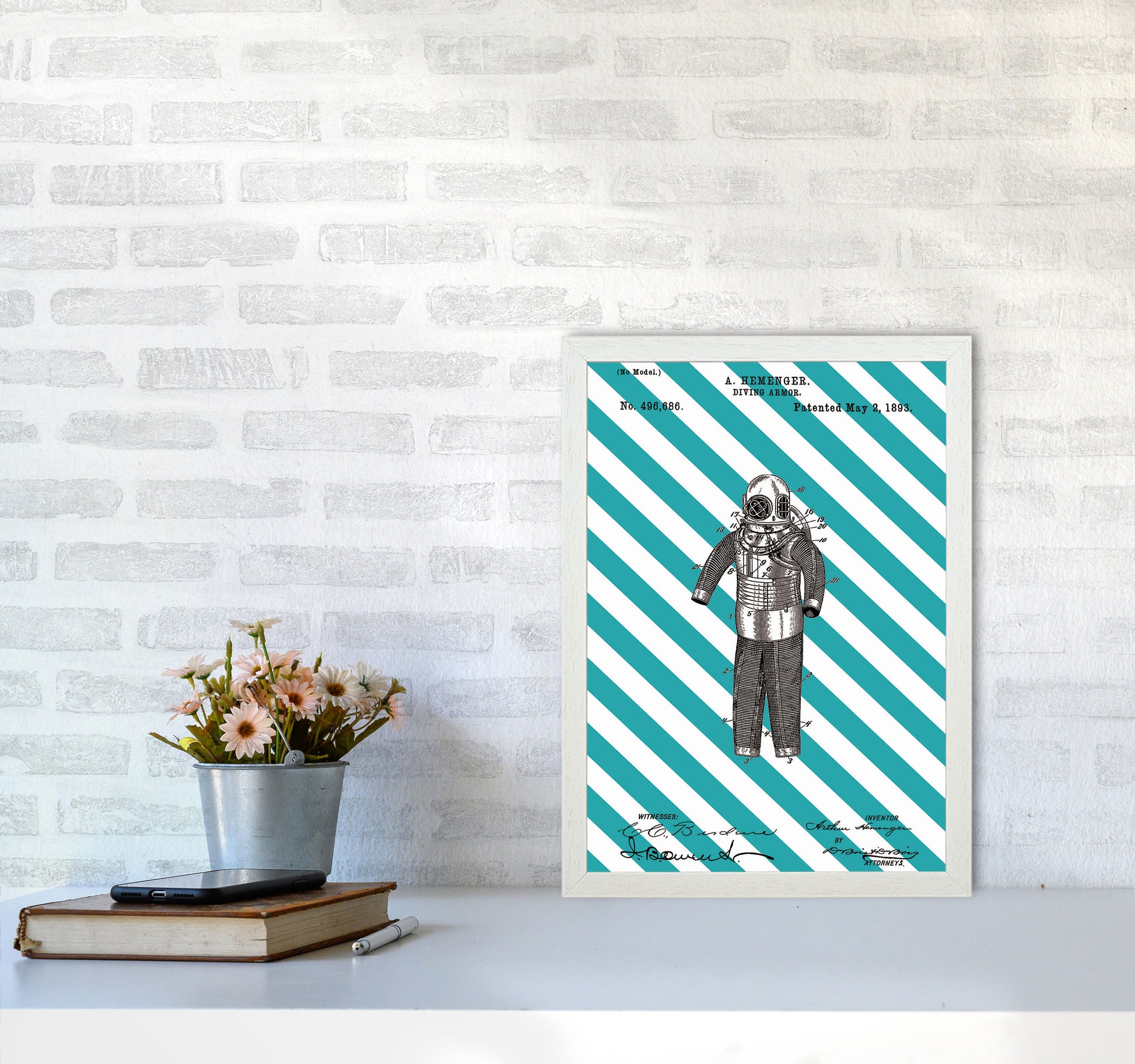 Diving Armor Patent Side Stripe Art Print by Jason Stanley A3 Oak Frame