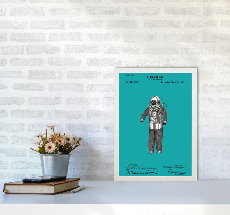 Diving Armor Patent Blue Art Print by Jason Stanley A3 Oak Frame