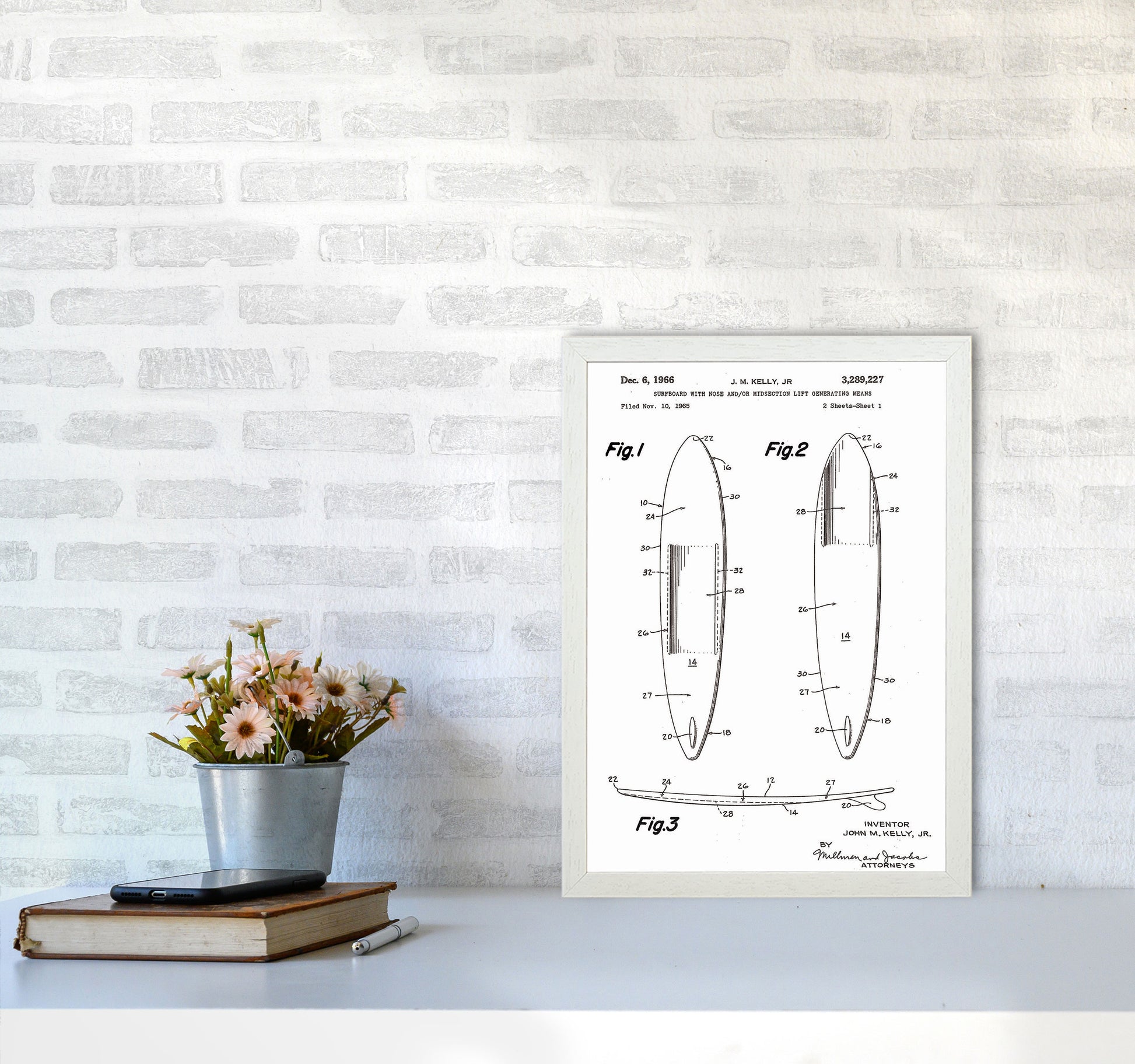 Surfboard Patent White Art Print by Jason Stanley A3 Oak Frame