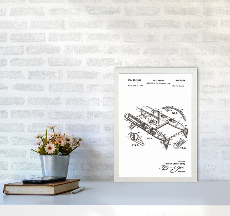 Catamaran Patent Art Print by Jason Stanley A3 Oak Frame