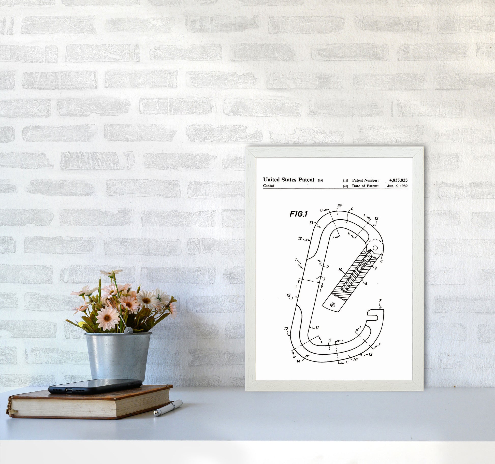 Caribiner Patent Art Print by Jason Stanley A3 Oak Frame