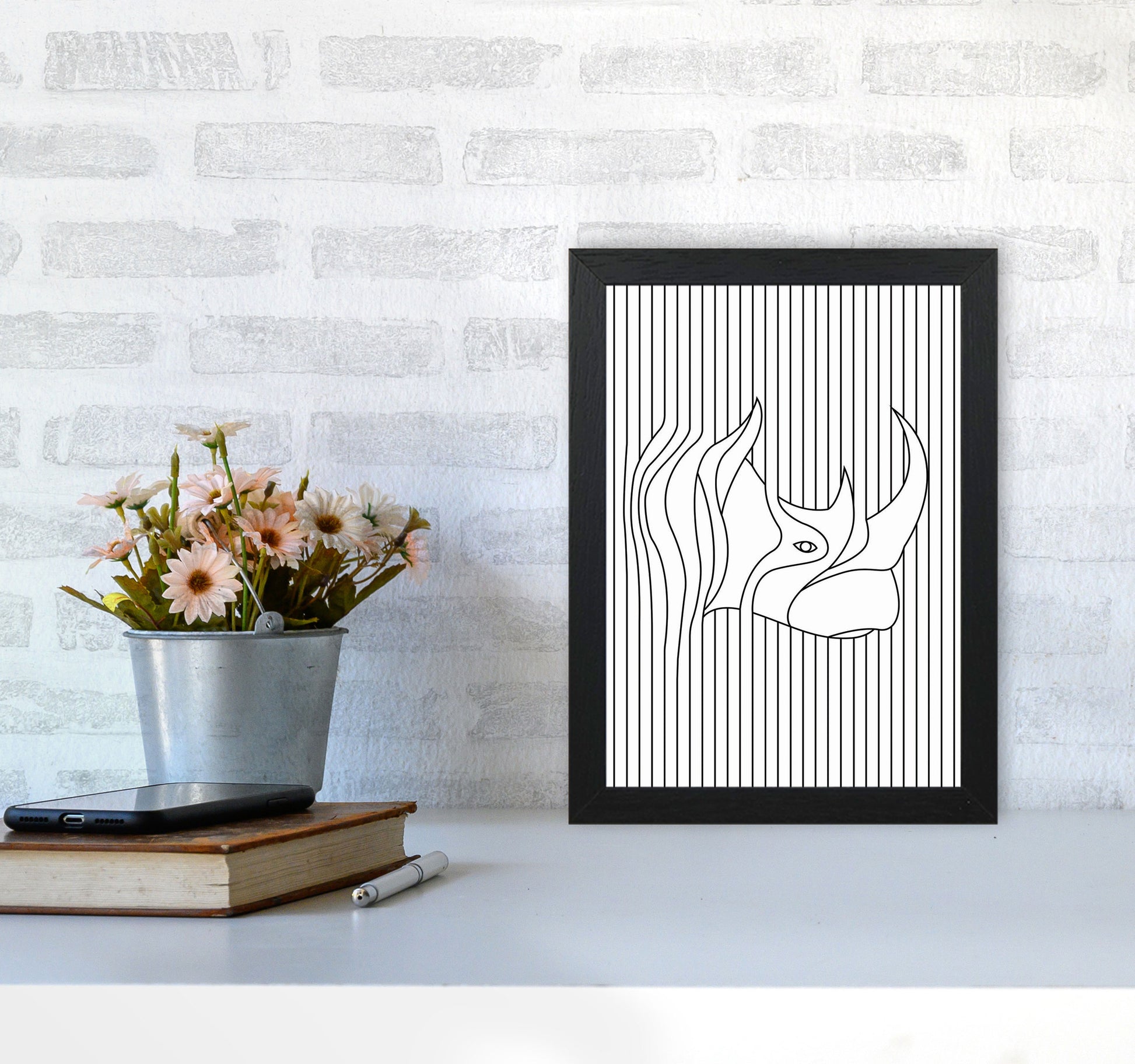 Line Drawing Rhino Art Print by Jason Stanley A4 White Frame