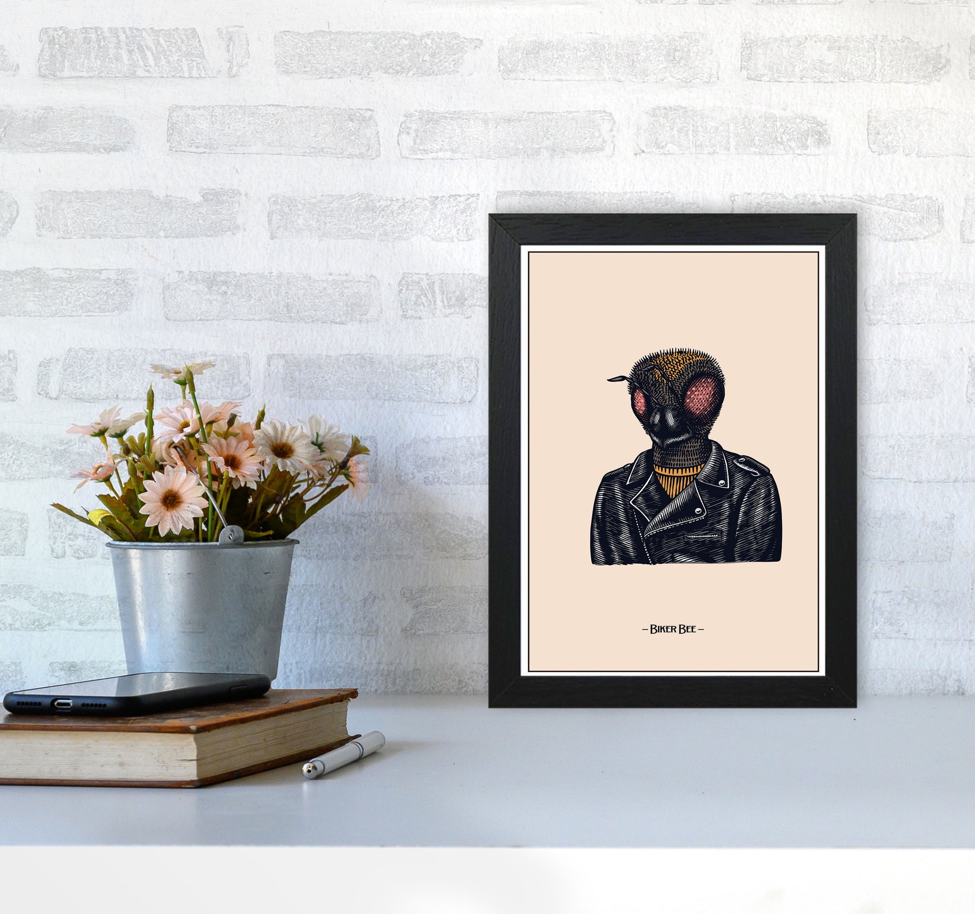 Biker Bee Art Print by Jason Stanley A4 White Frame