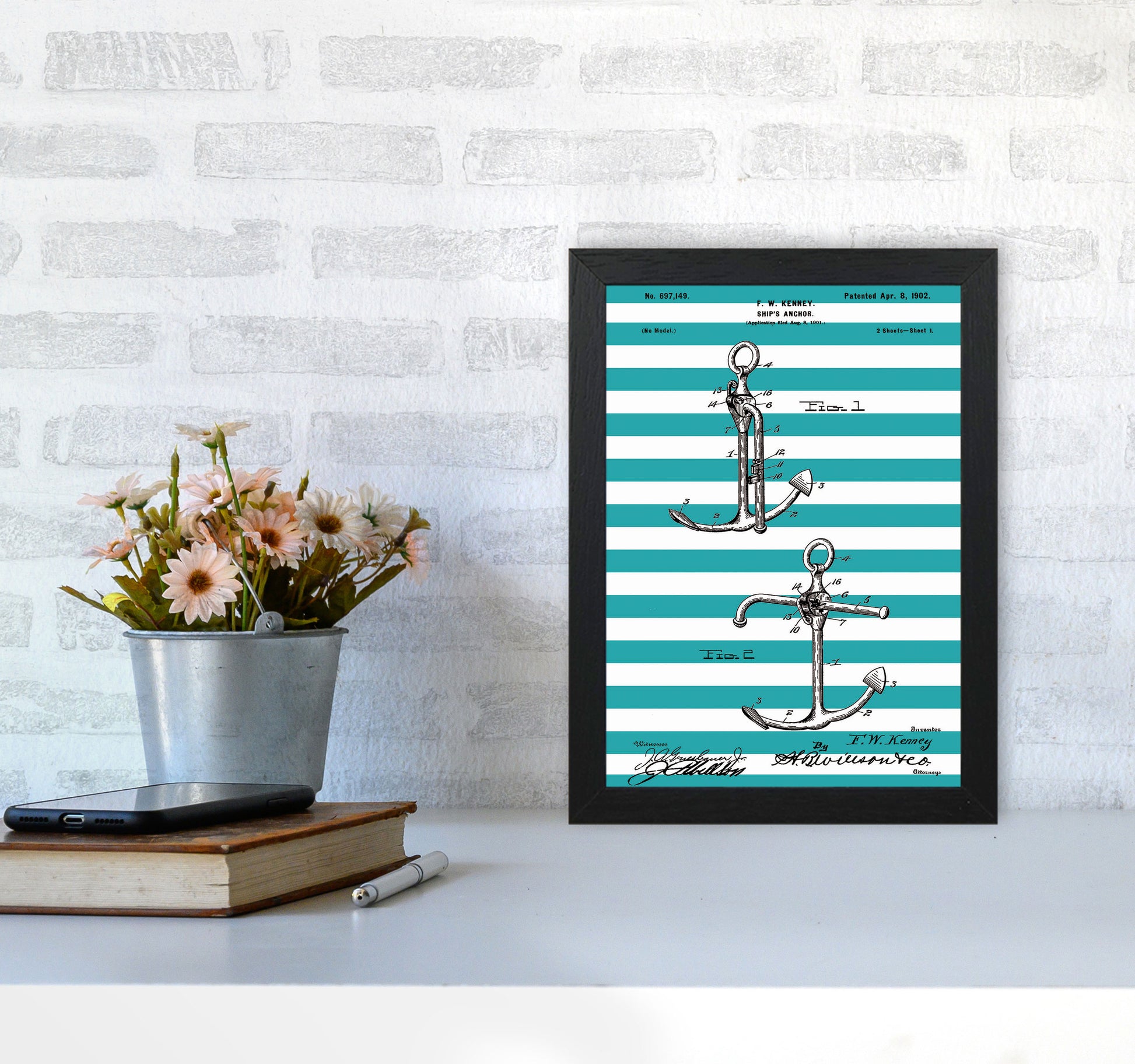 Anchor Patent Stripe Art Print by Jason Stanley A4 White Frame