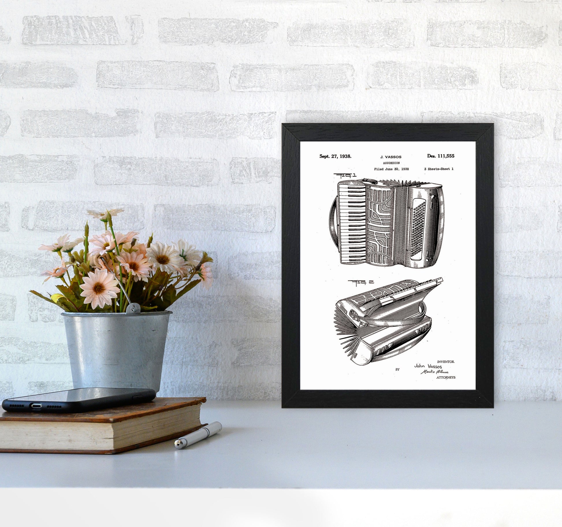 Accordian Patent Art Print by Jason Stanley A4 White Frame
