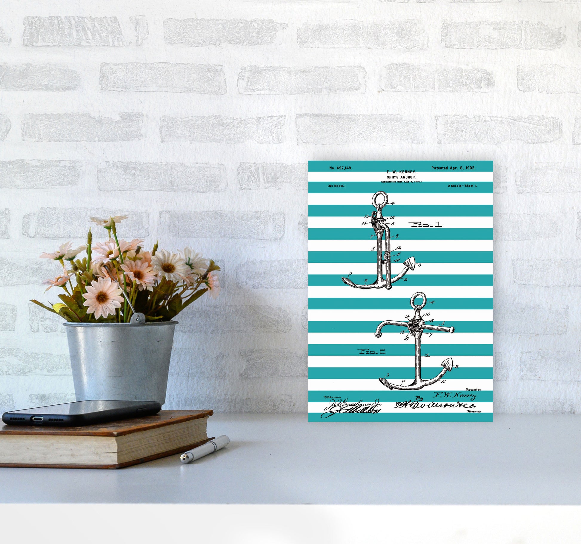 Anchor Patent Stripe Art Print by Jason Stanley A4 Black Frame
