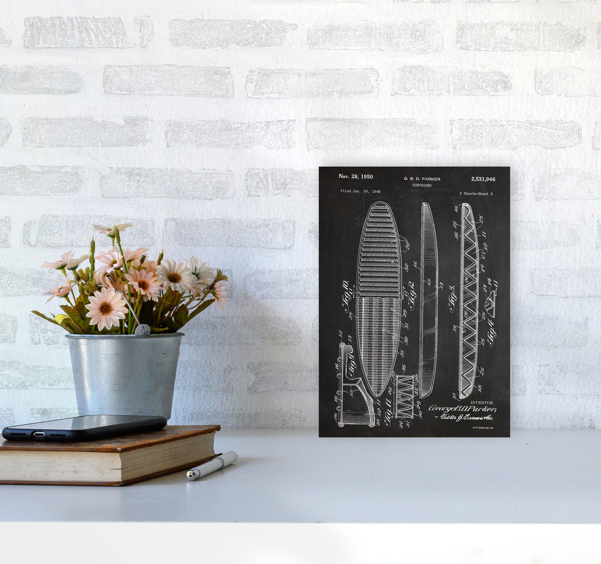 Surfboard Patent Art Print by Jason Stanley A4 Black Frame