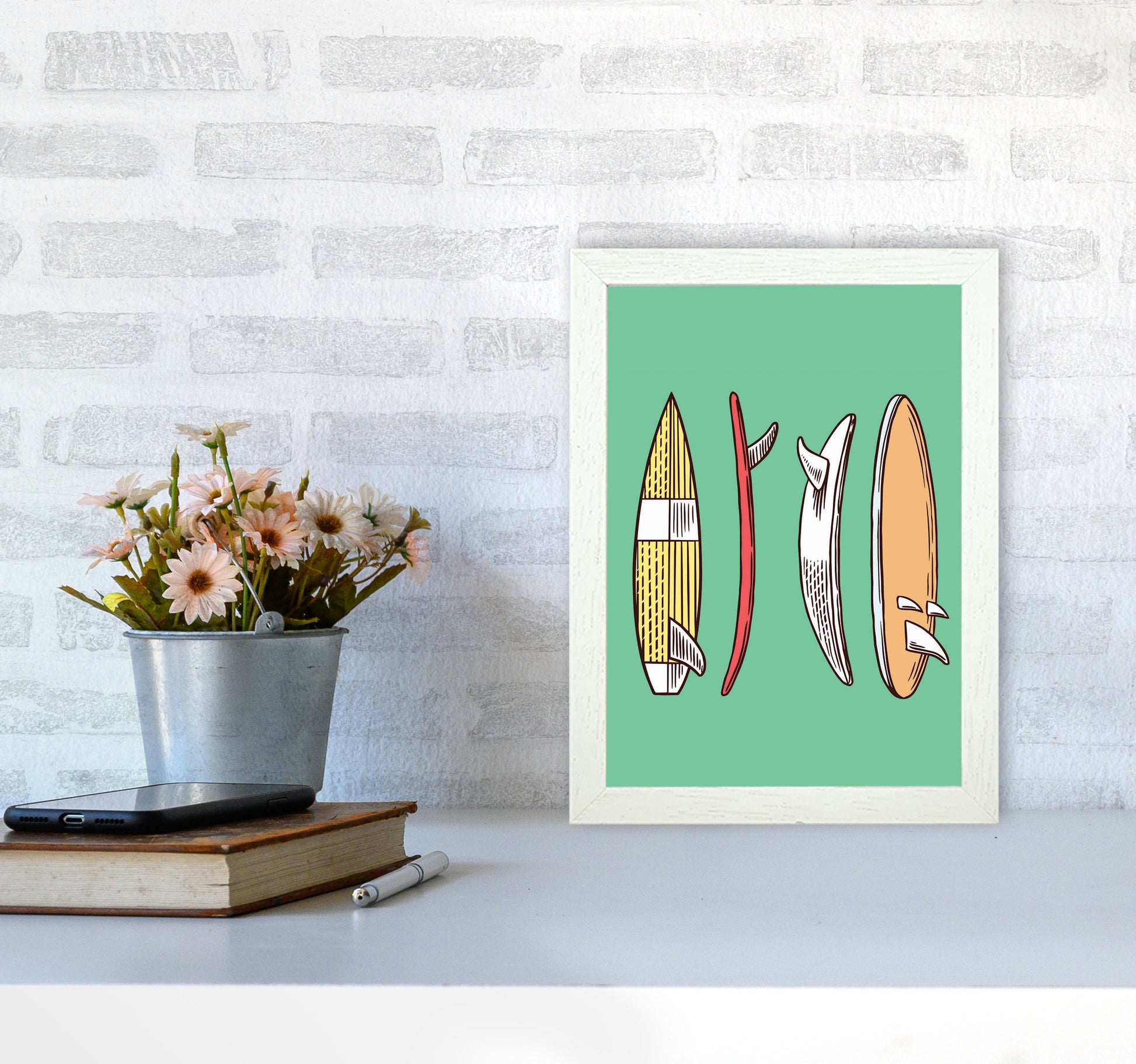 Vintage Surfboard Collection Art Print by Jason Stanley A4 Oak Frame