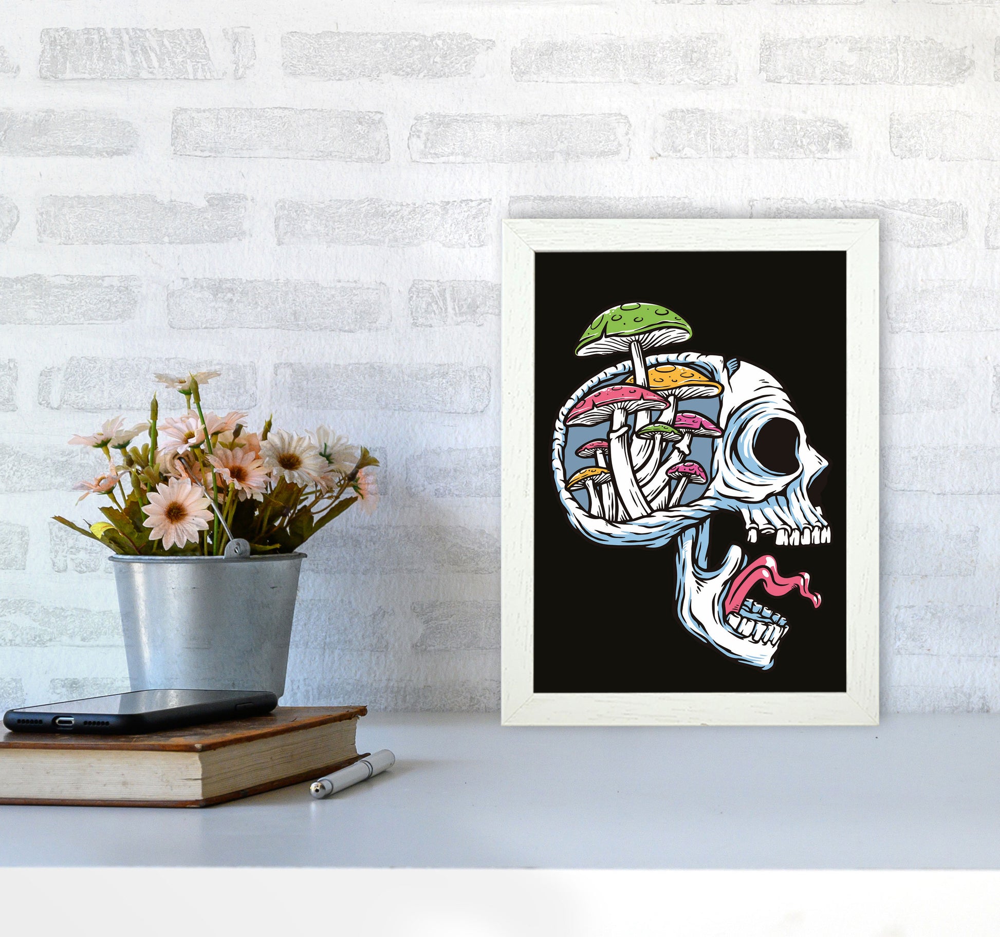Head Full Of Mushrooms Art Print by Jason Stanley A4 Oak Frame