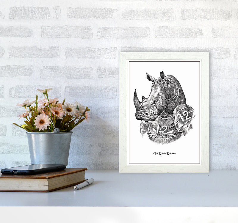The Rugby Rhino Art Print by Jason Stanley A4 Oak Frame