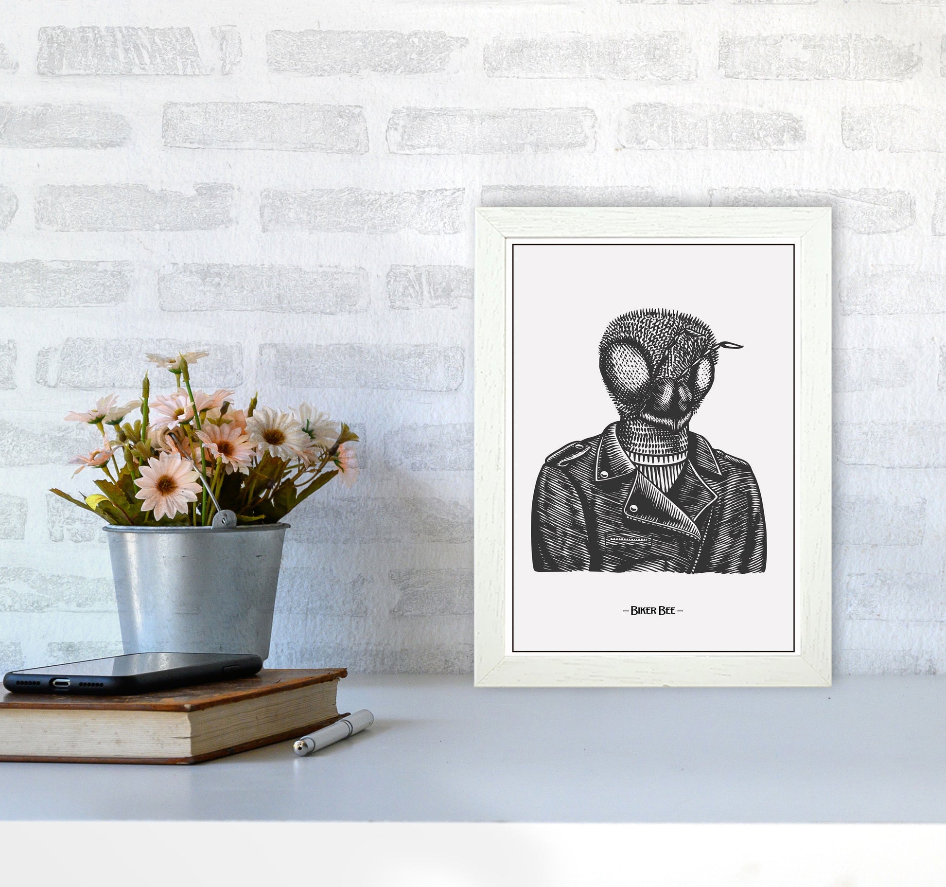 The Biker Bee Art Print by Jason Stanley A4 Oak Frame