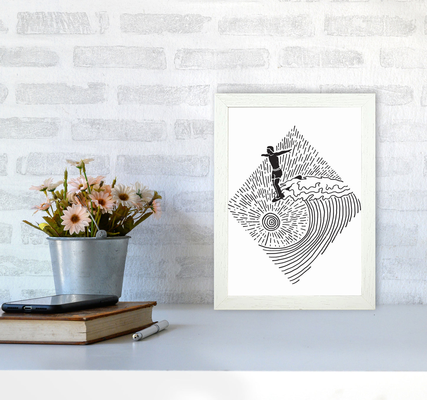 Surfer Line Drawing Art Print by Jason Stanley A4 Oak Frame