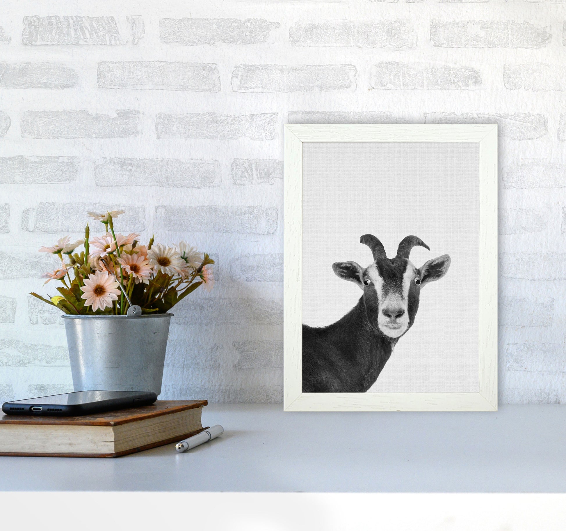 Surprised Goat Art Print by Jason Stanley A4 Oak Frame