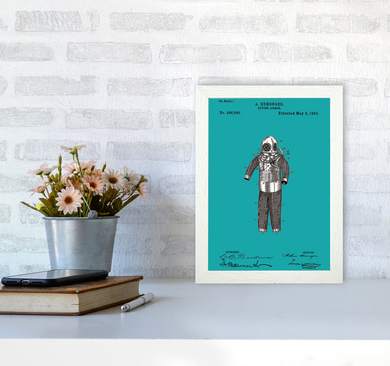 Diving Armor Patent Blue Art Print by Jason Stanley A4 Oak Frame