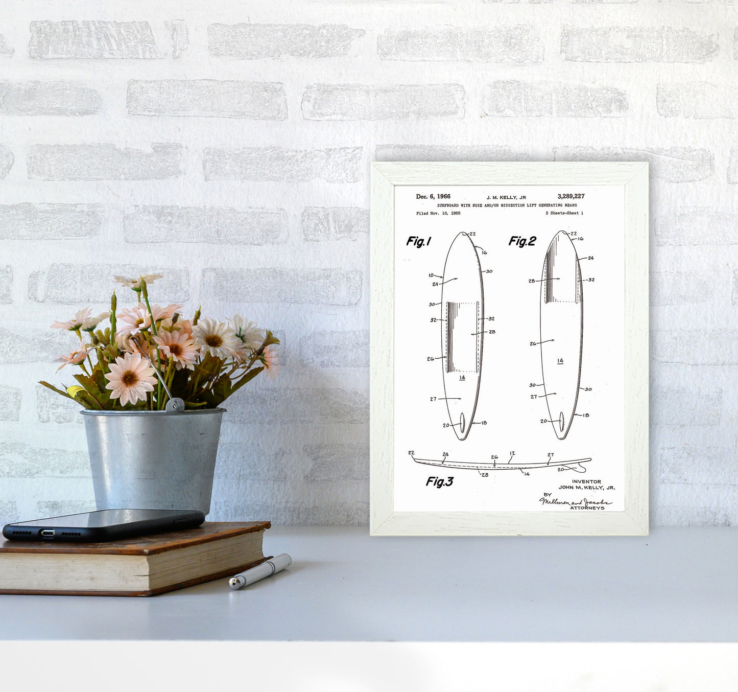 Surfboard Patent White Art Print by Jason Stanley A4 Oak Frame