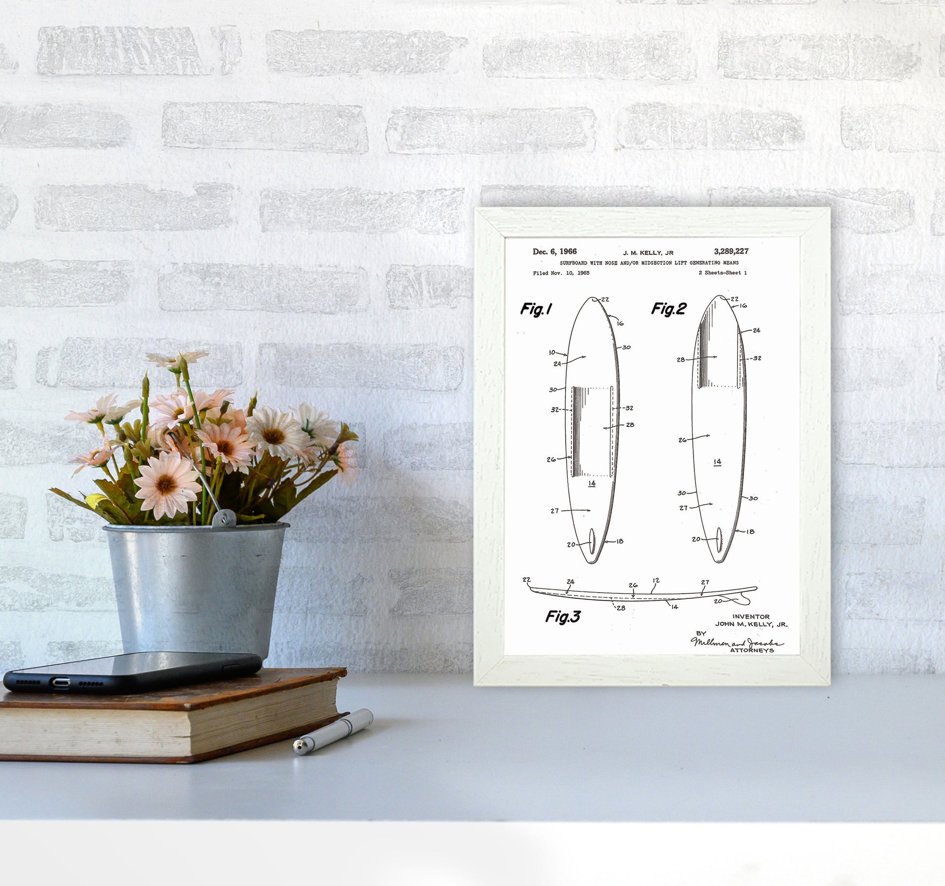 Surfboard Patent White Art Print by Jason Stanley A4 Oak Frame