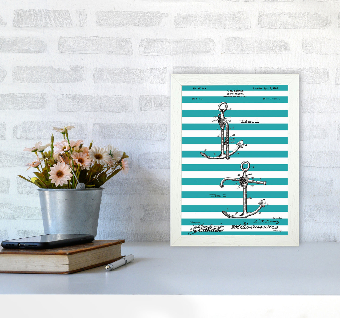 Anchor Patent Stripe Art Print by Jason Stanley A4 Oak Frame