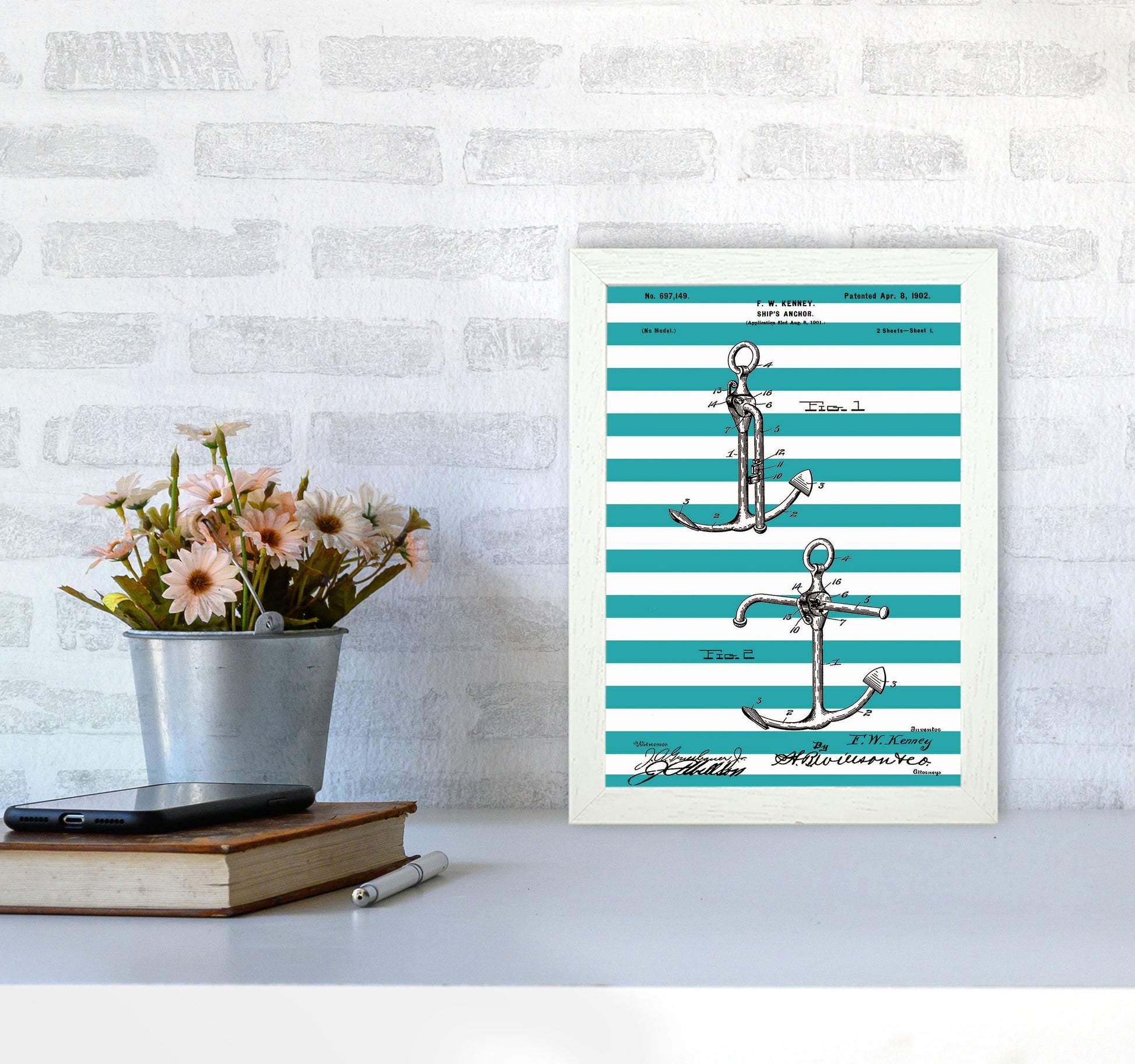 Anchor Patent Stripe Art Print by Jason Stanley A4 Oak Frame