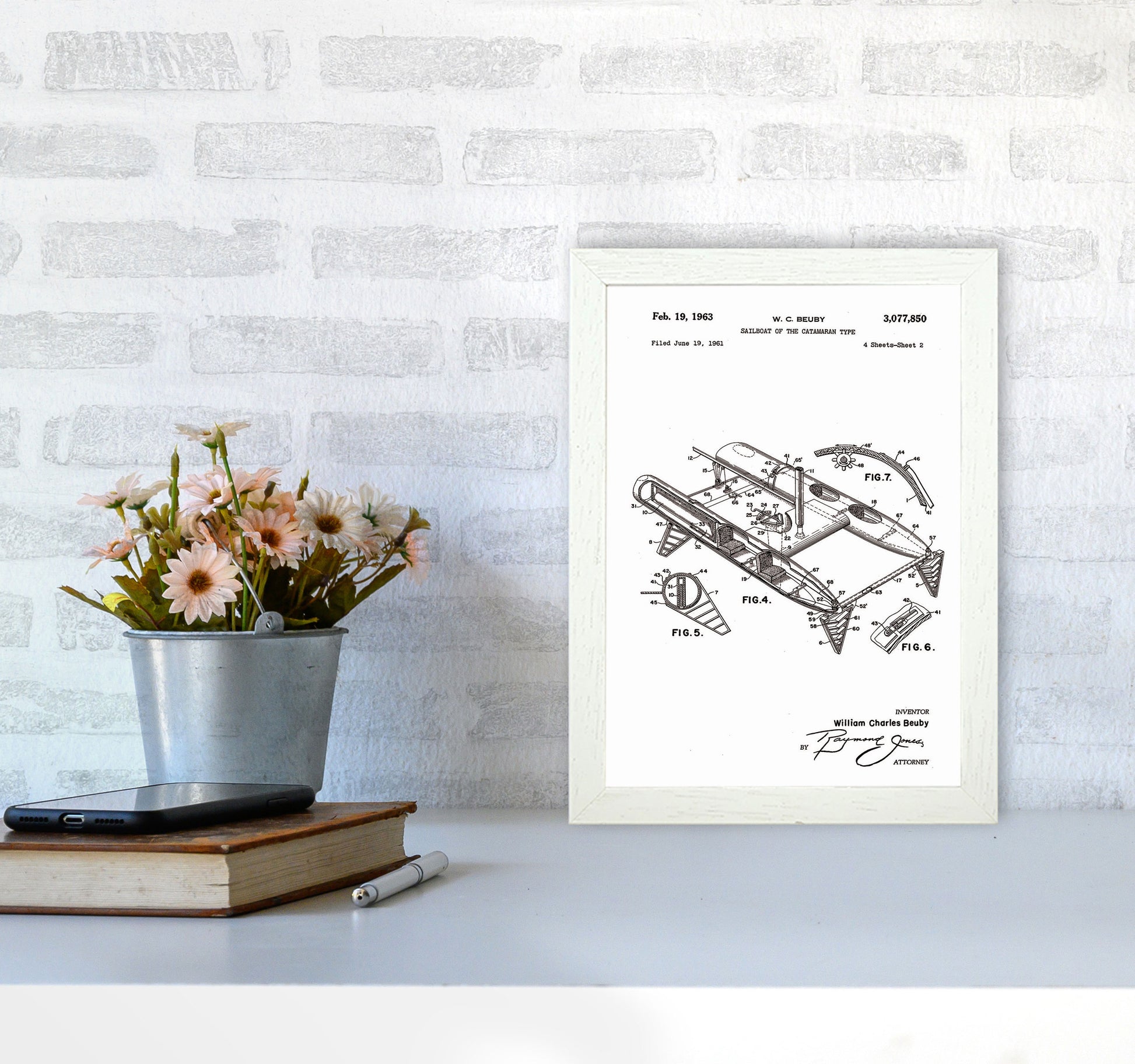 Catamaran Patent Art Print by Jason Stanley A4 Oak Frame