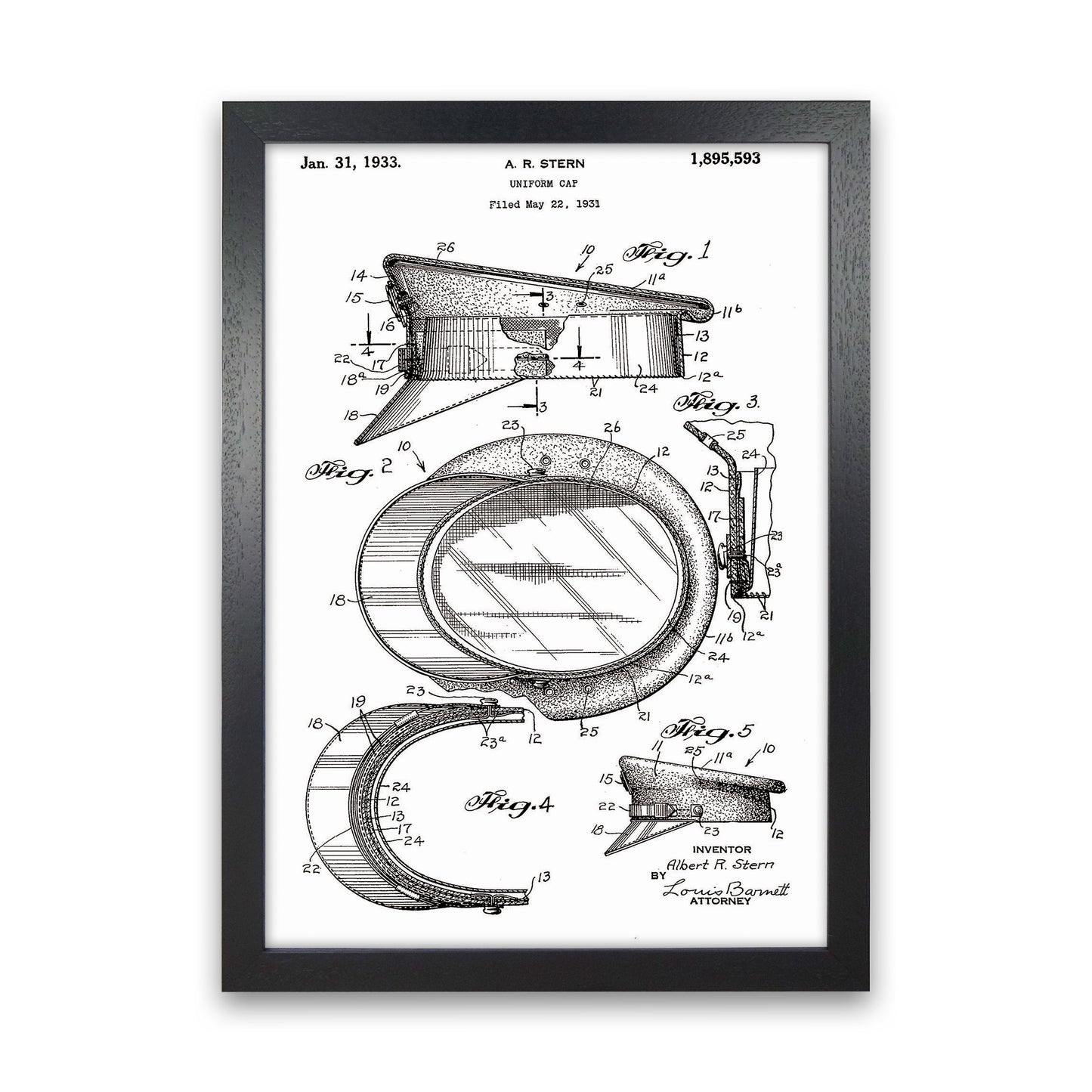 Police Man Hat Patent Art Print by Jason Stanley Black Grain