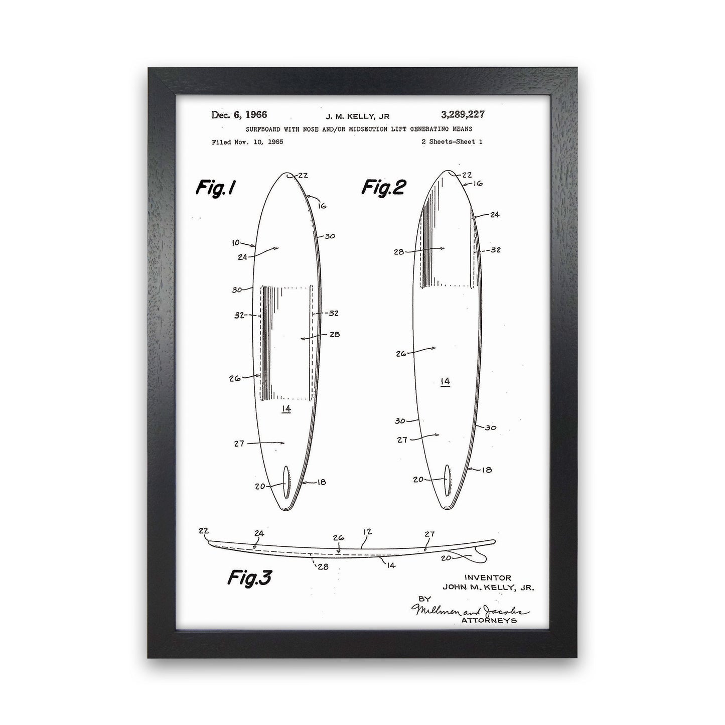 Surfboard Patent White Art Print by Jason Stanley Black Grain