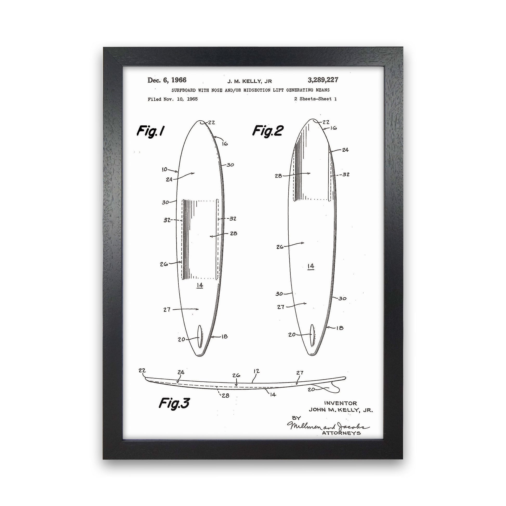 Surfboard Patent White Art Print by Jason Stanley Black Grain