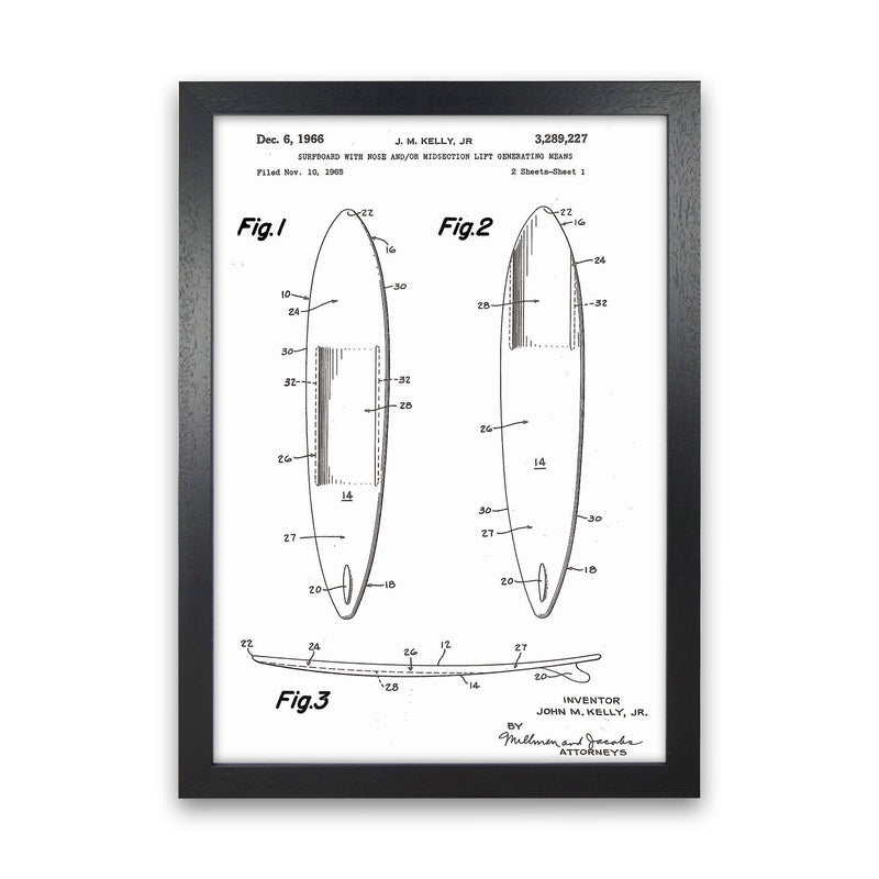 Surfboard Patent White Art Print by Jason Stanley Black Grain