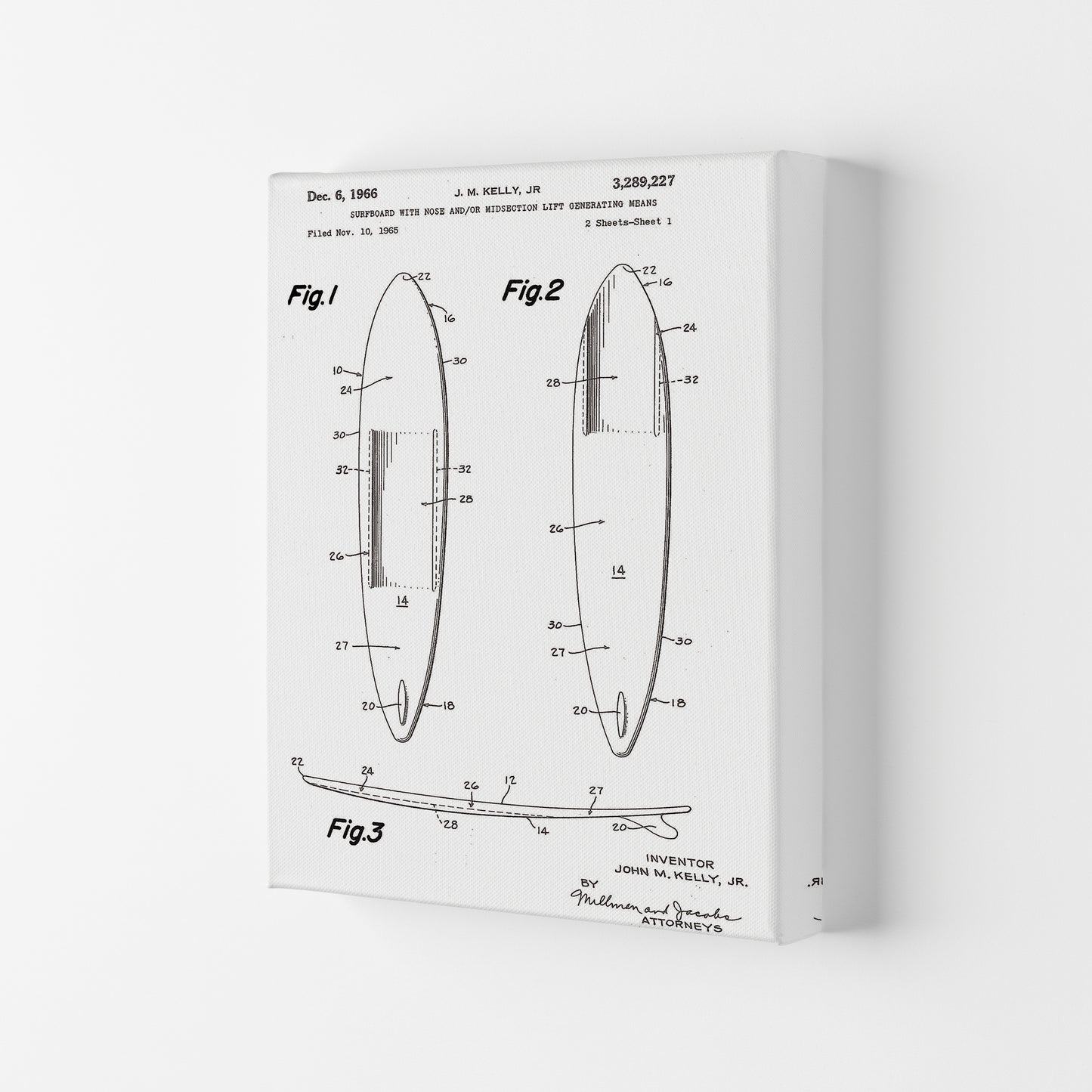 Surfboard Patent White Art Print by Jason Stanley Canvas