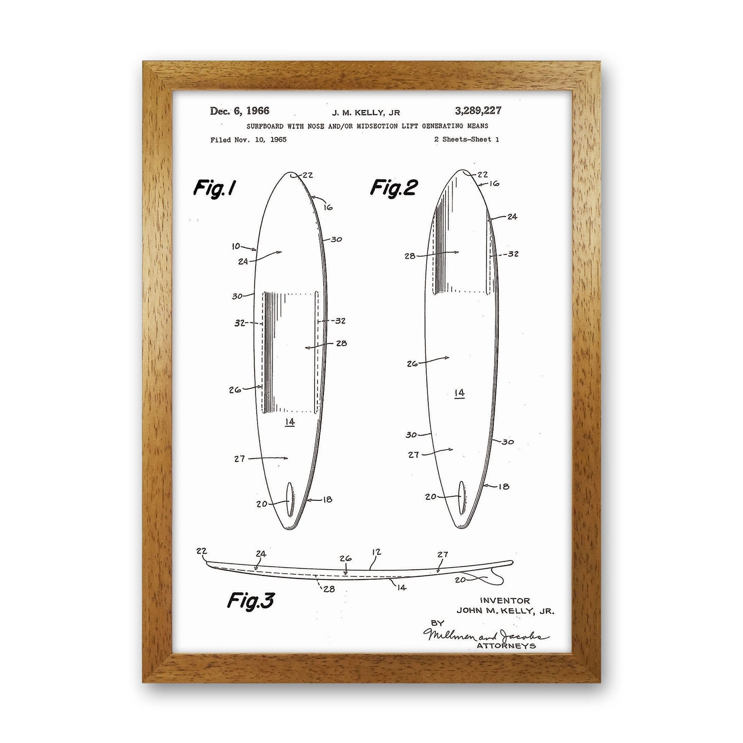Surfboard Patent White Art Print by Jason Stanley Oak Grain