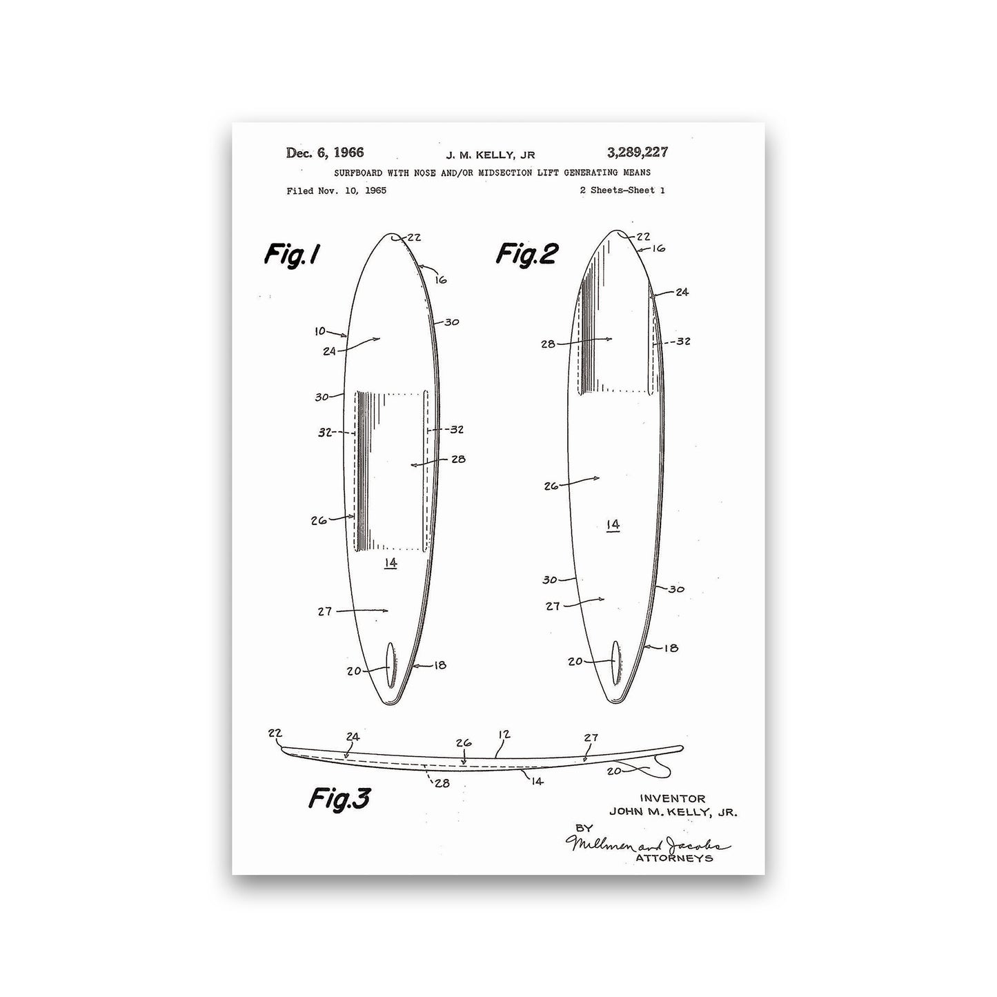 Surfboard Patent White Art Print by Jason Stanley Print Only