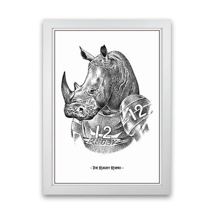The Rugby Rhino Art Print by Jason Stanley White Grain