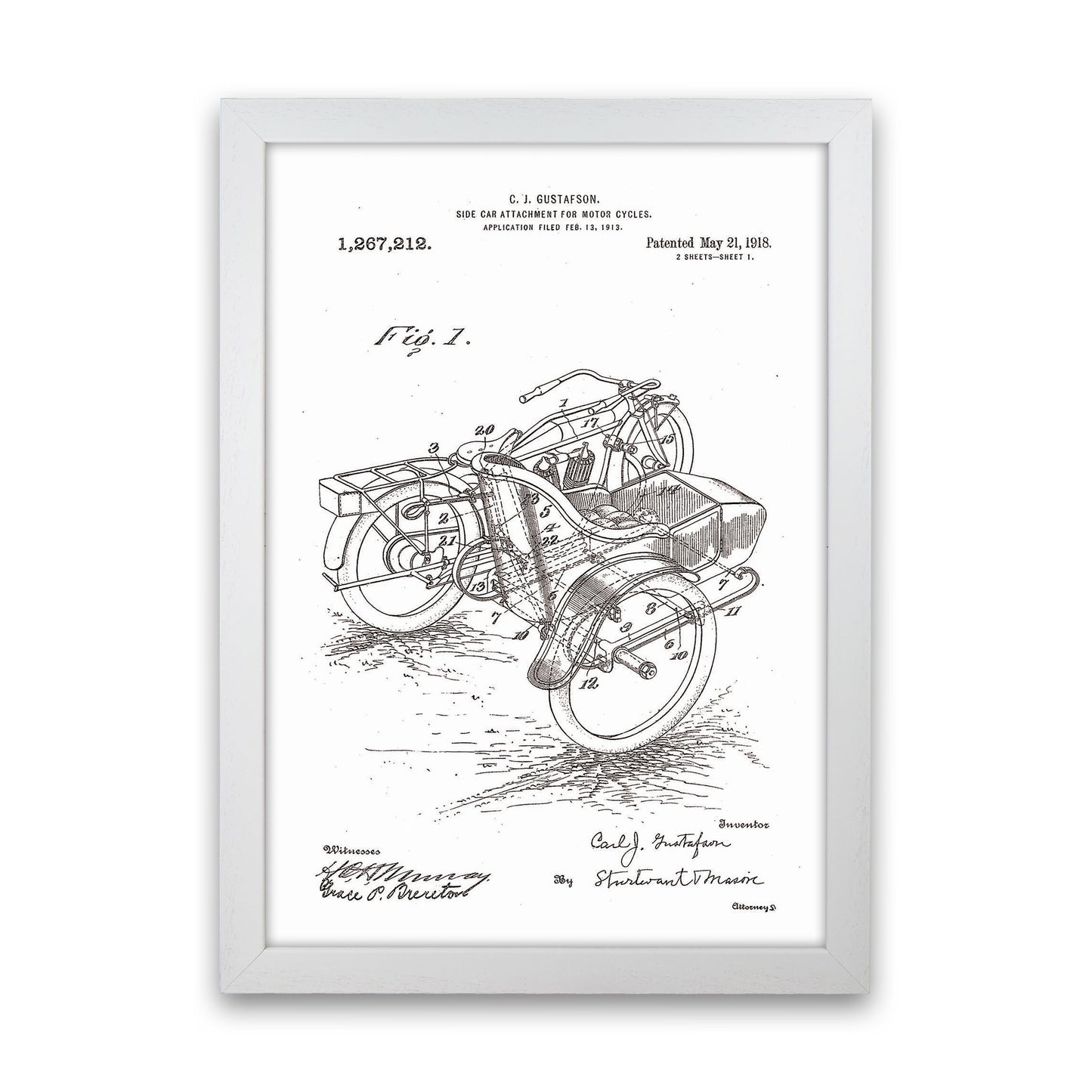 Motorcycle With Side Car Patent Art Print by Jason Stanley White Grain