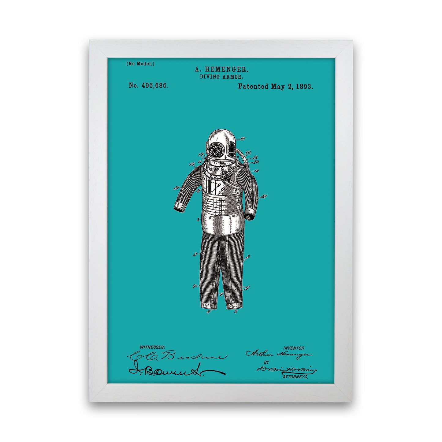 Diving Armor Patent Blue Art Print by Jason Stanley White Grain