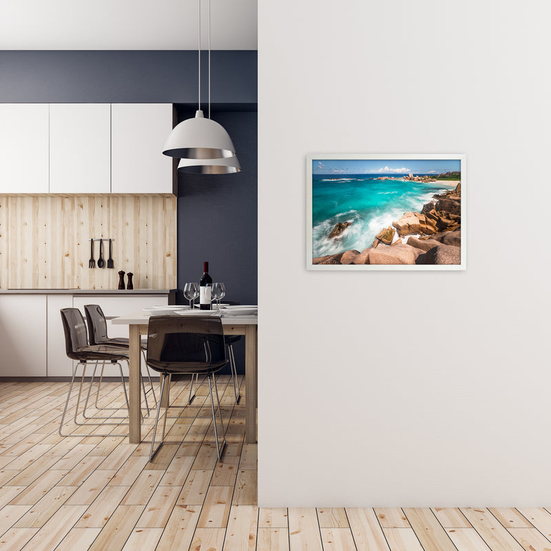 Secret Beach Landscape Art Print by Karsten Wrobel A2 Oak Frame