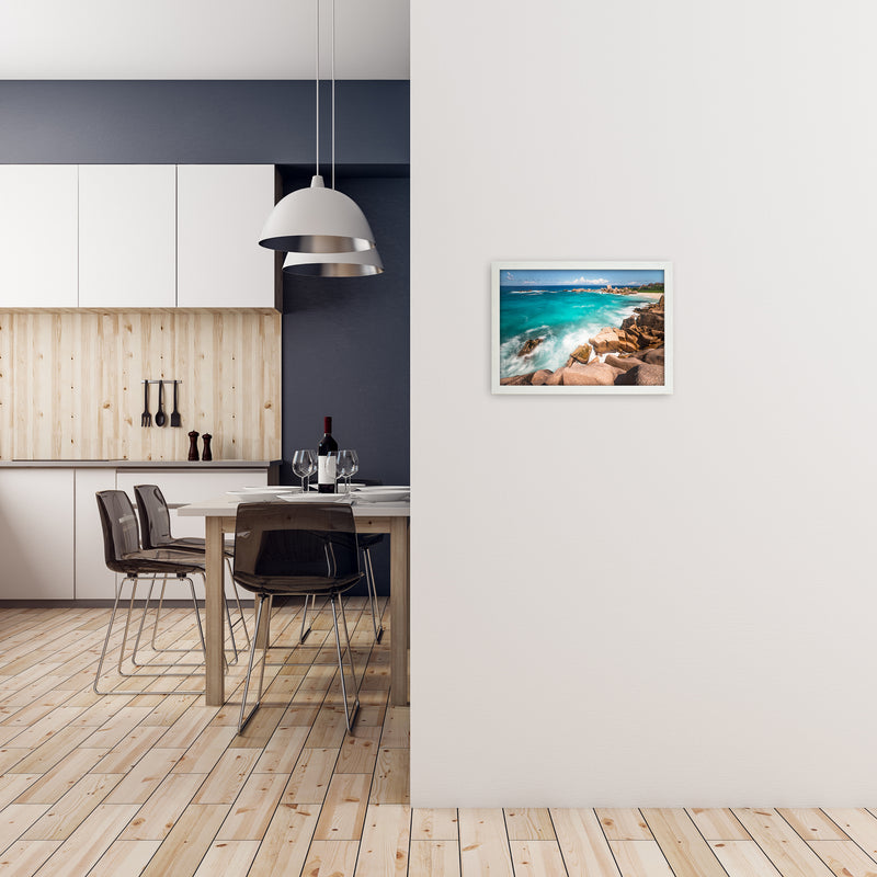 Secret Beach Landscape Art Print by Karsten Wrobel A3 Oak Frame