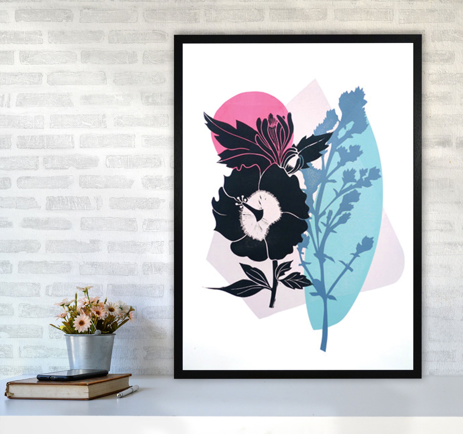 Hibiscus & Feverfew postcard Art Print by Kate Heiss A1 White Frame