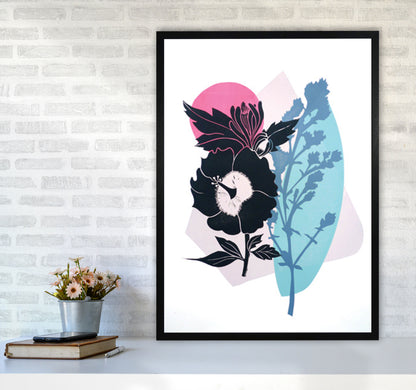 Hibiscus & Feverfew postcard Art Print by Kate Heiss A1 White Frame