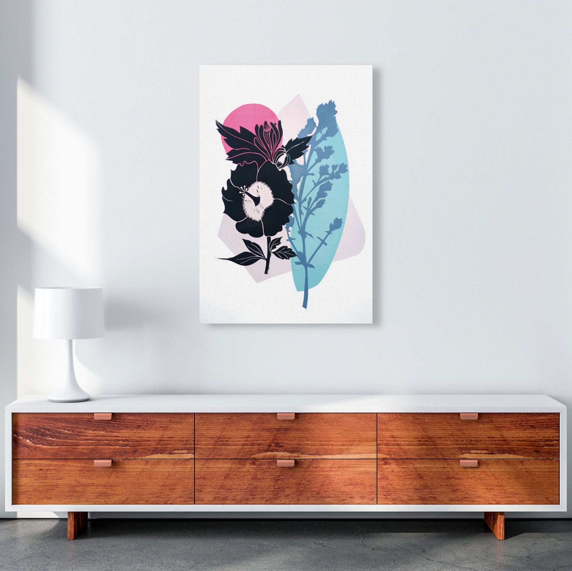 Hibiscus & Feverfew postcard Art Print by Kate Heiss A1 Canvas