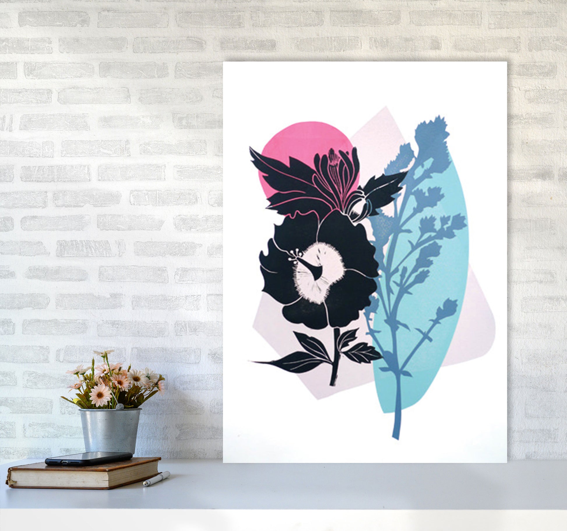 Hibiscus & Feverfew postcard Art Print by Kate Heiss A1 Black Frame