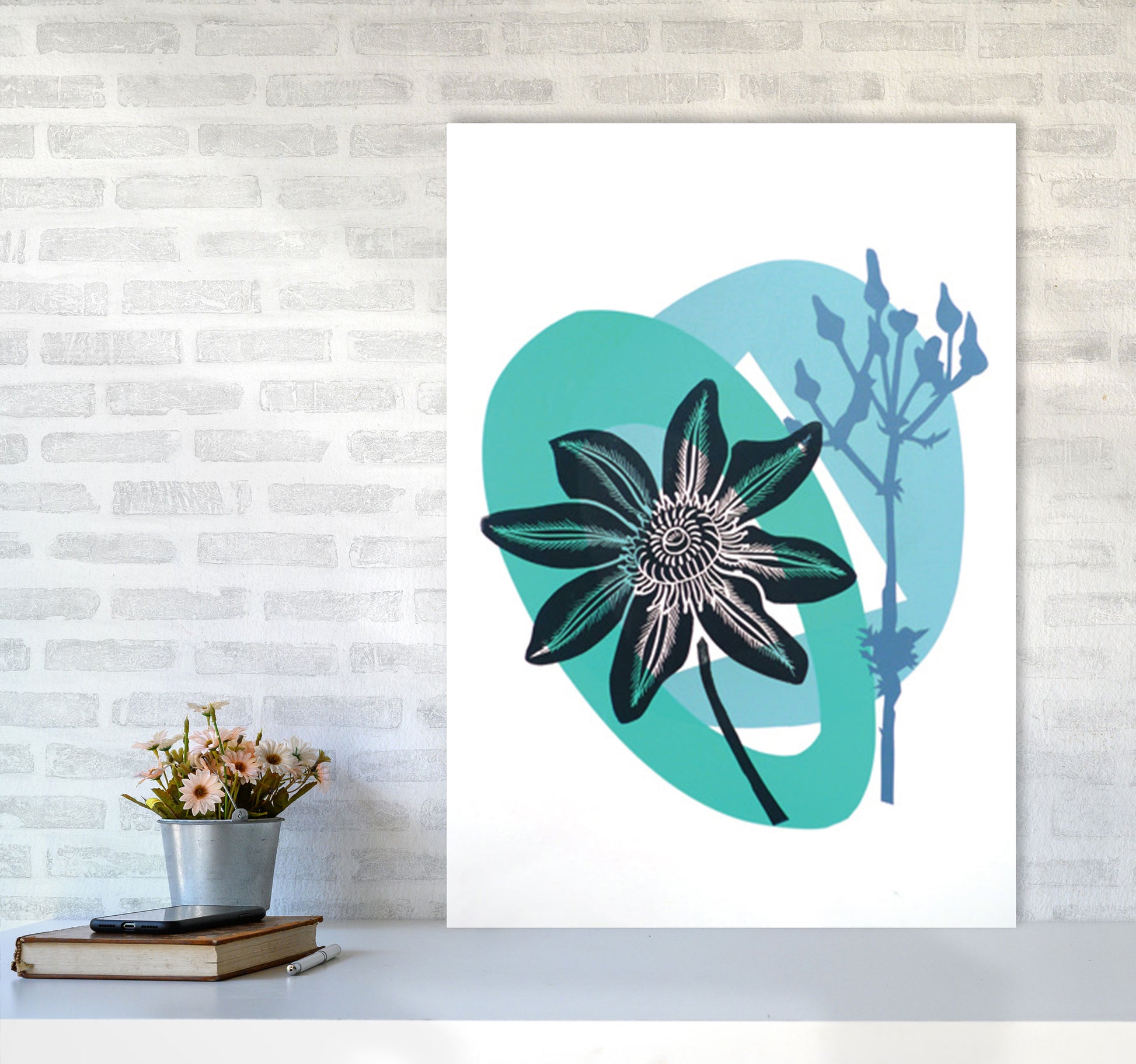 Clematis & Ragwort postcard Art Print by Kate Heiss A1 Black Frame