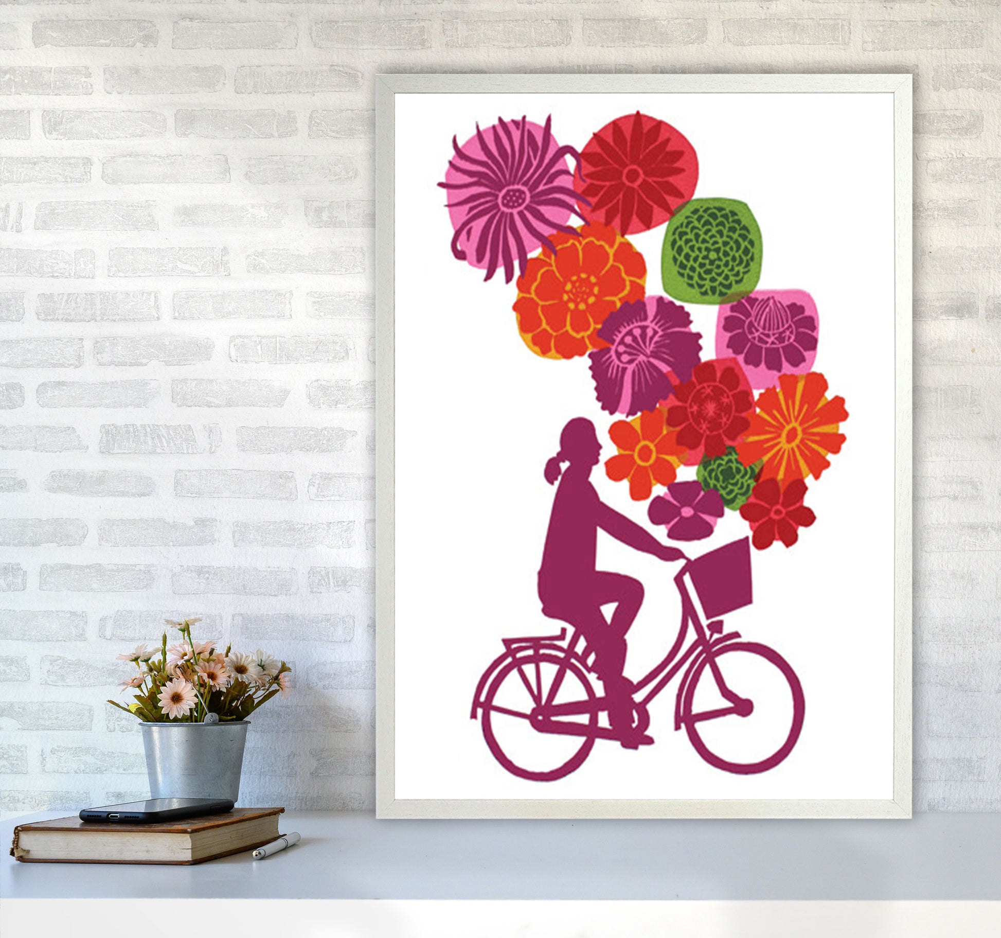 Bike Blooms Art Print by Kate Heiss A1 Oak Frame