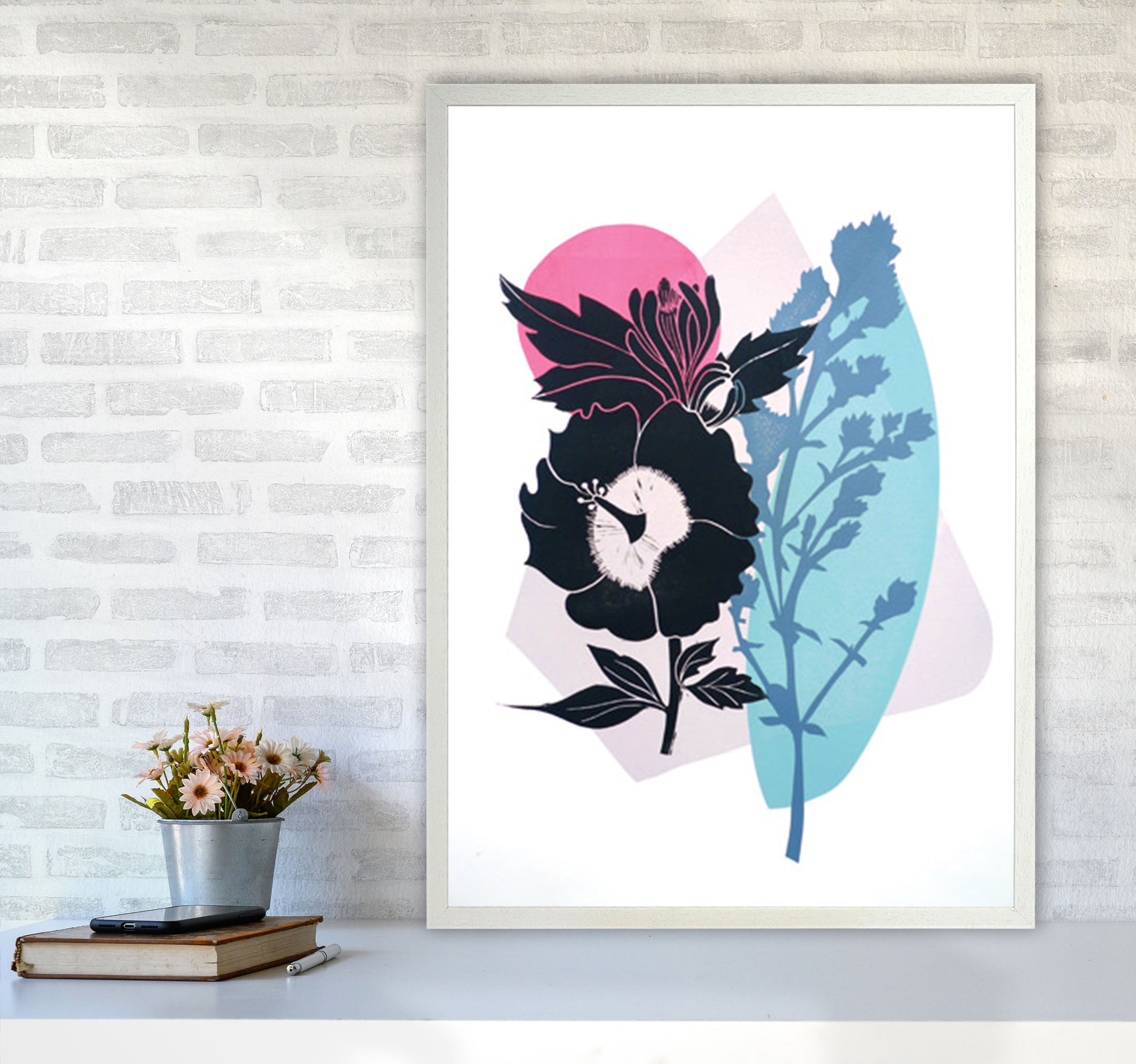 Hibiscus & Feverfew postcard Art Print by Kate Heiss A1 Oak Frame