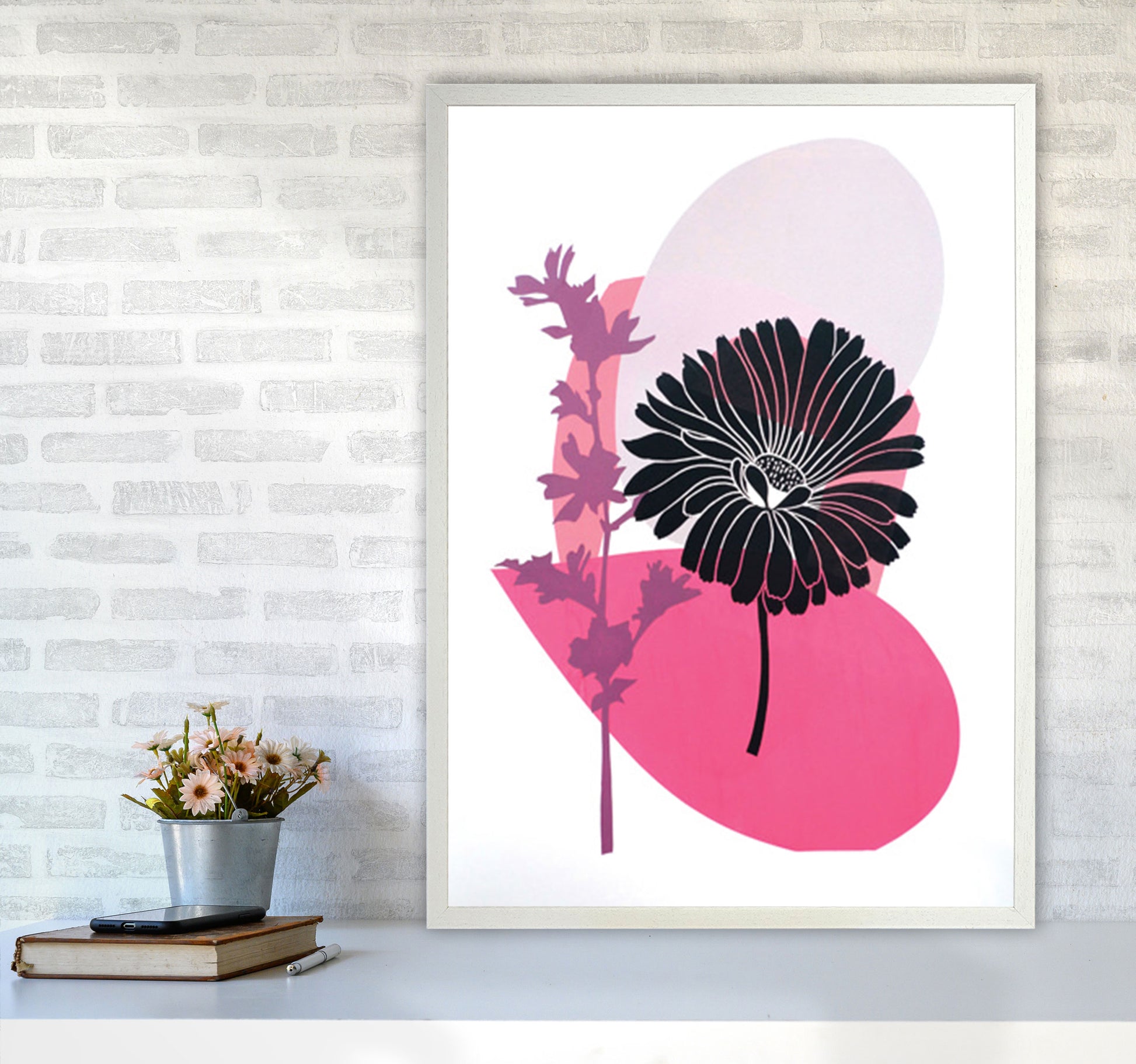 Calendula & Mallow Art Print by Kate Heiss A1 Oak Frame